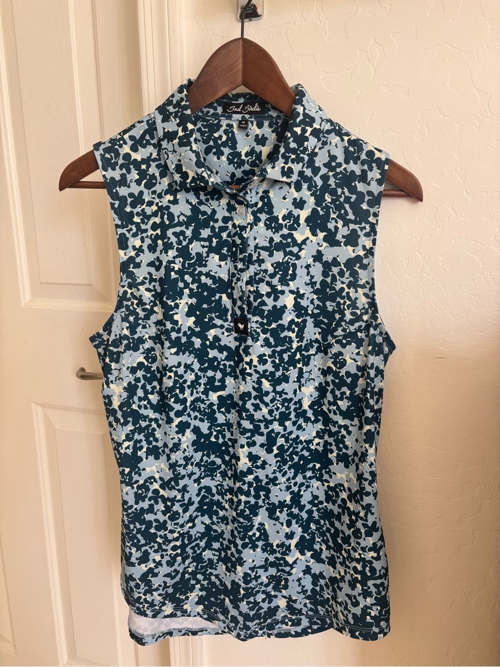 Bad Birdie Teal and Light Blue Abstract Sleeveless Collared Tank